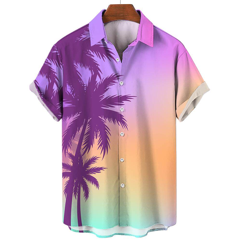 Beach Leisure Vacation Hawaiian Coconut Tree Print Tops Men's Short-sleeved Shirts Summer Fashion Oversized Tops