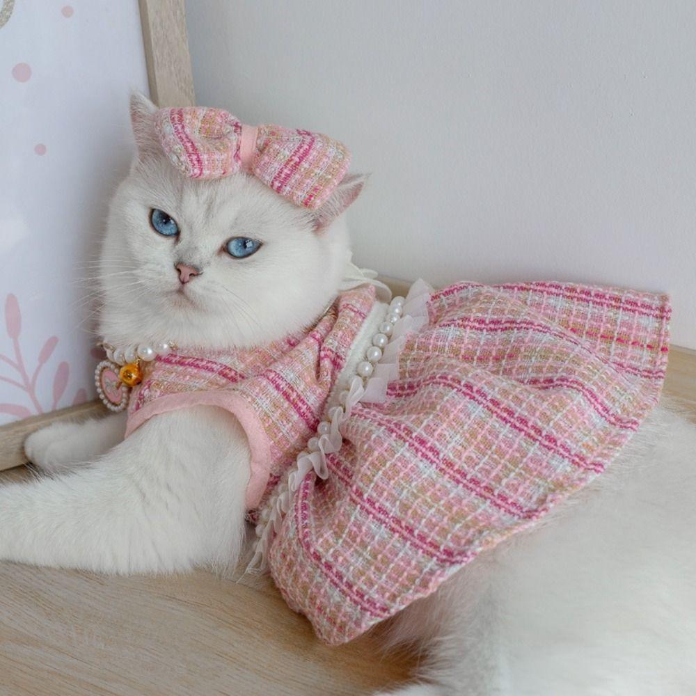 Cute Cat Bow Pearl Coat Soft Pet Windbreaker Fashion Puppy Plaid Dress  Kittens