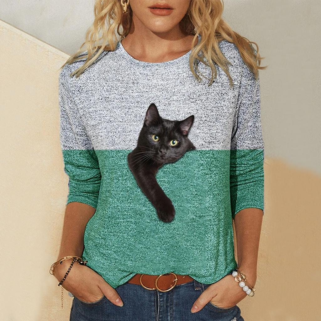 Plus Size Cat Blouses 5xl Casual Contrast Color Cat Print Shirts Cotto Blend Long Sleeve Shirt For Women Blusas De Mujer