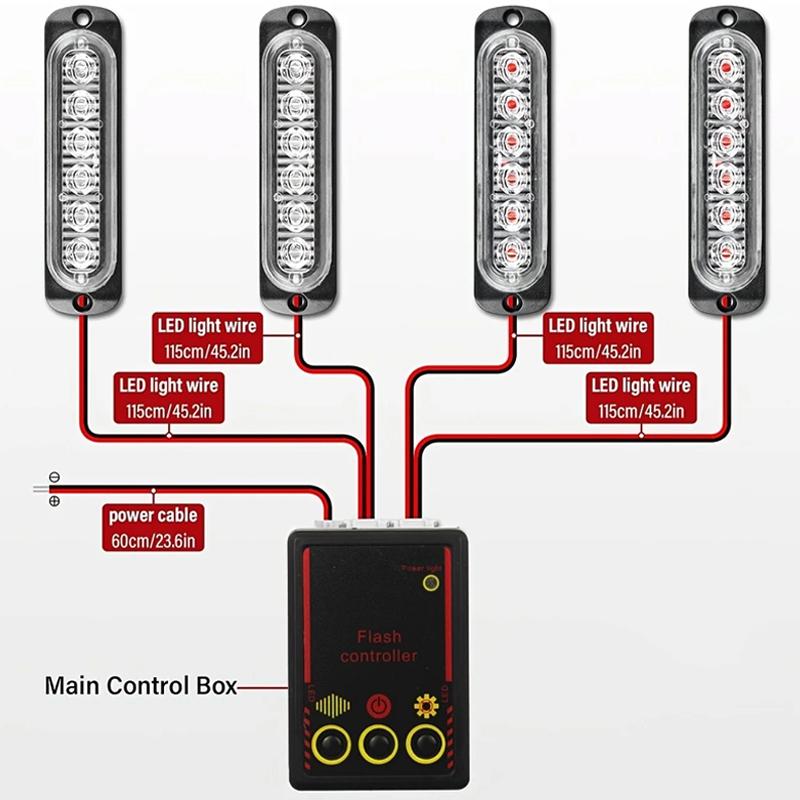 4 In 1 LED Car Front Grille Lighting 12V 24V LED Strobe Warning Lights Flash Beacon Signal Flash Signal Lamps Auto Stroboscope
