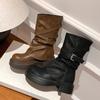 Maillard Retro Mittelschaft Martin Stiefel Damen Herbst und Winter Britischer Stil Plissierter Hosenschaft Stiefel Gestapelte Plateau Kurzstiefel