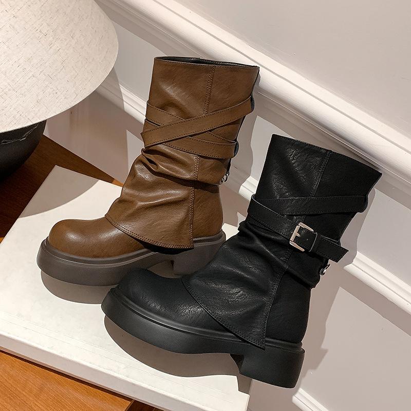Maillard Retro Mittelschaft Martin Stiefel Damen Herbst und Winter Britischer Stil Plissierter Hosenschaft Stiefel Gestapelte Plateau Kurzstiefel
