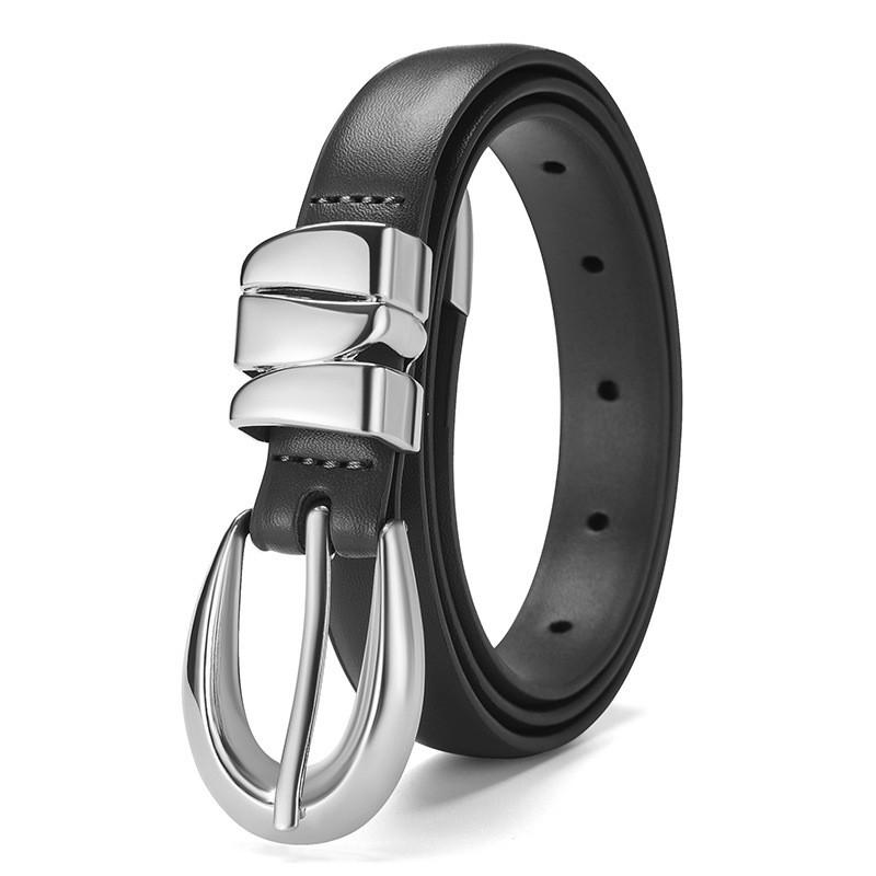 Womens Premium Leather Belt With Alloy Buckle And Geometric Style For Fashion And Office Silver Black