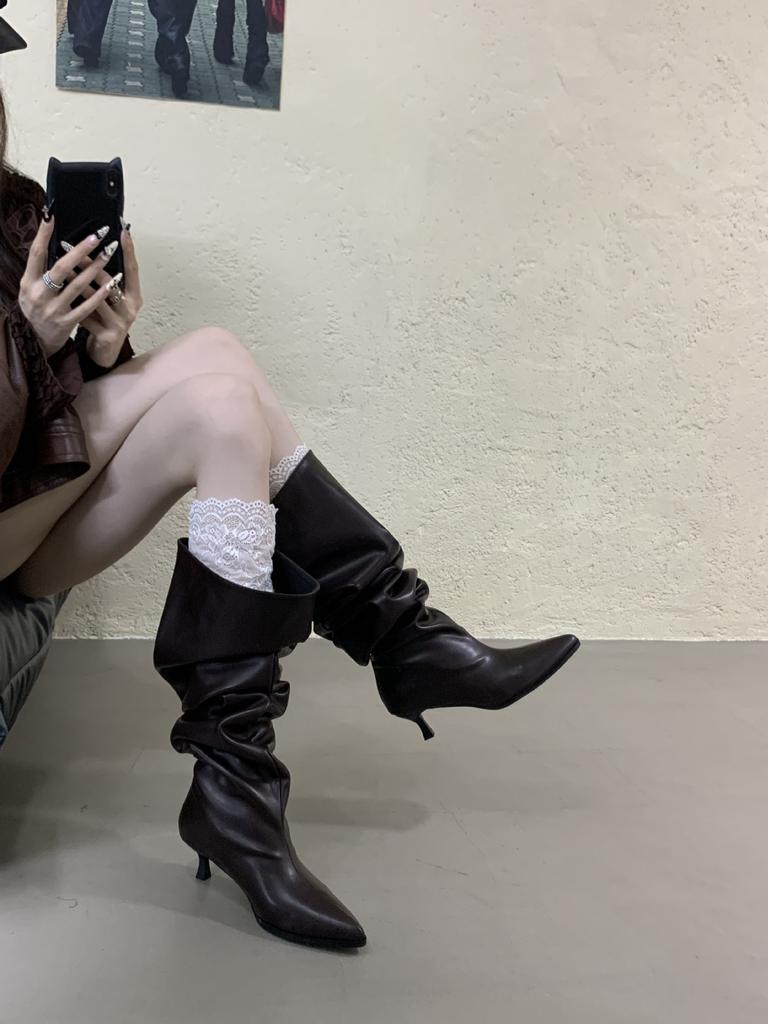 Pointed Stiletto Boots Women's Over-the-Knee Boots Pleated Pile Boots Winter Boots