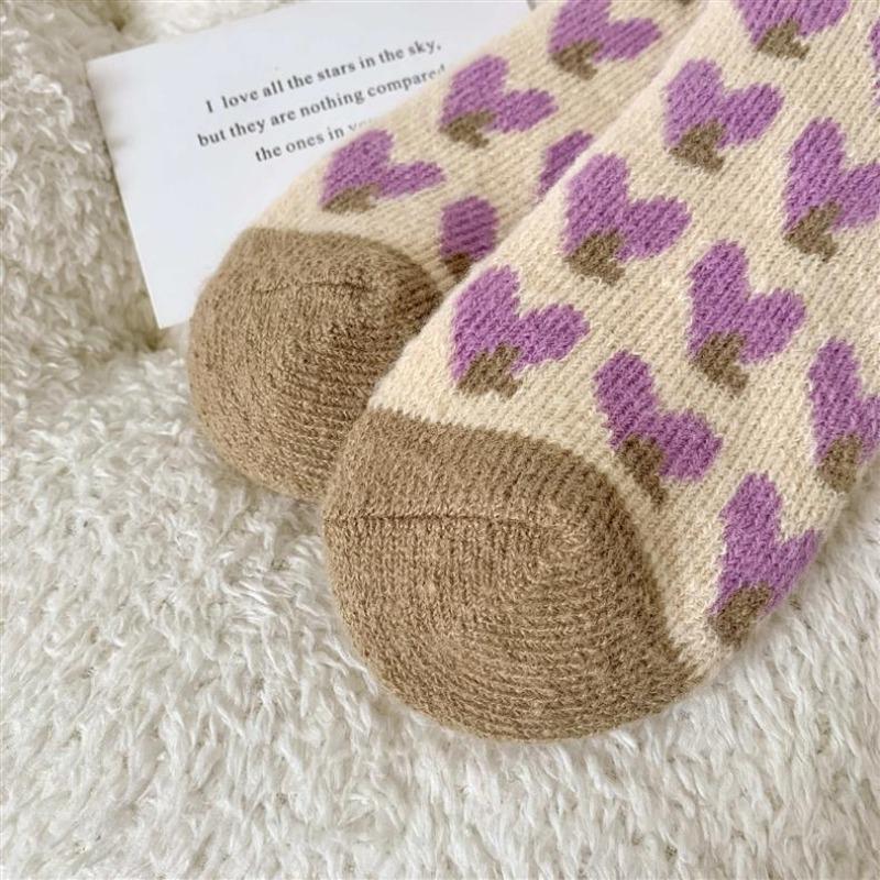 Women Autumn Winter Mid Length Socks Fashionable Versatile Purple Heart-Shaped Soft Warm Comfortable Casual Long Socks