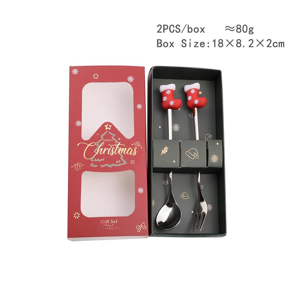 HANYANG juleskjesett julegavebestikk To sett med dessertskjeer og gafler Santa elg dukkeskje