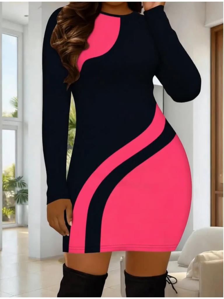 2025 Autumn and Winter New 3D Retro Print and Dyeing Women's Fashion Long-sleeved Round Neck Hip-wrapped Dress Valentine's Day Limited