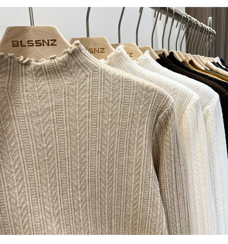 Women's White Half Turtleneck Knitted Sweater with Wheat and Wood Ear Detailing - Perfect for Spring, Autumn, and Winter Layers