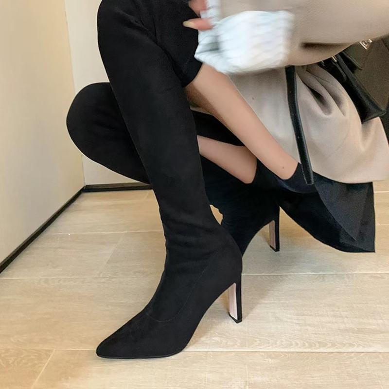 Autumn And Winter New Fashion Sexy Black Pointed Toe Thick Heel Elastic Boots Women's Versatile Temperament High-heeled Boots