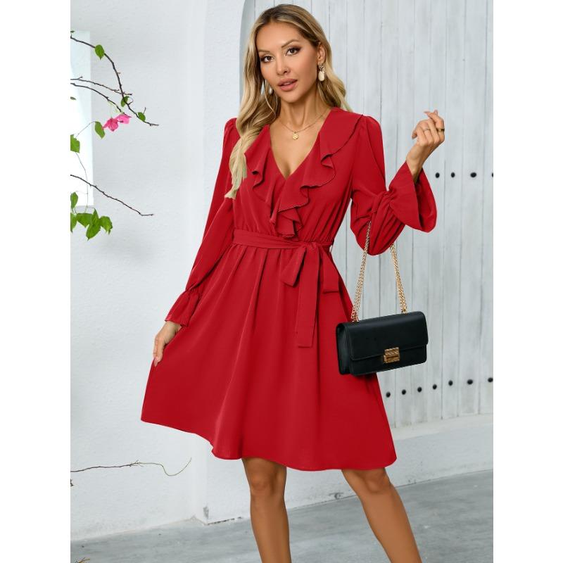 

Элегантное женское платье с V-образным вырезом и длинными рукавами в стиле «Лист лотоса» на осень и зиму XXL красный