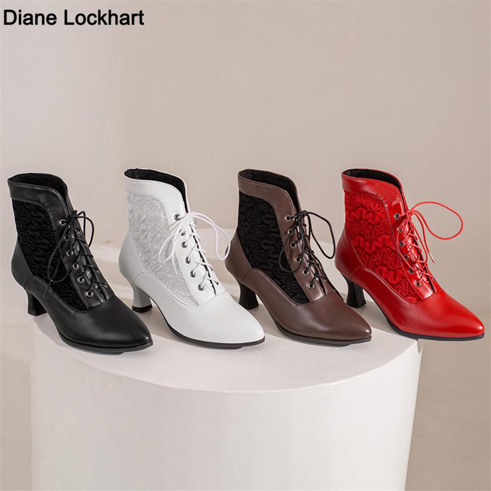 Fashion Women Victorian Pointed Toe Ankle Boots Leather Lace Hollow Out Punk Lace Up Strange Steampunk High Heel Shoes Plus Size 32-46