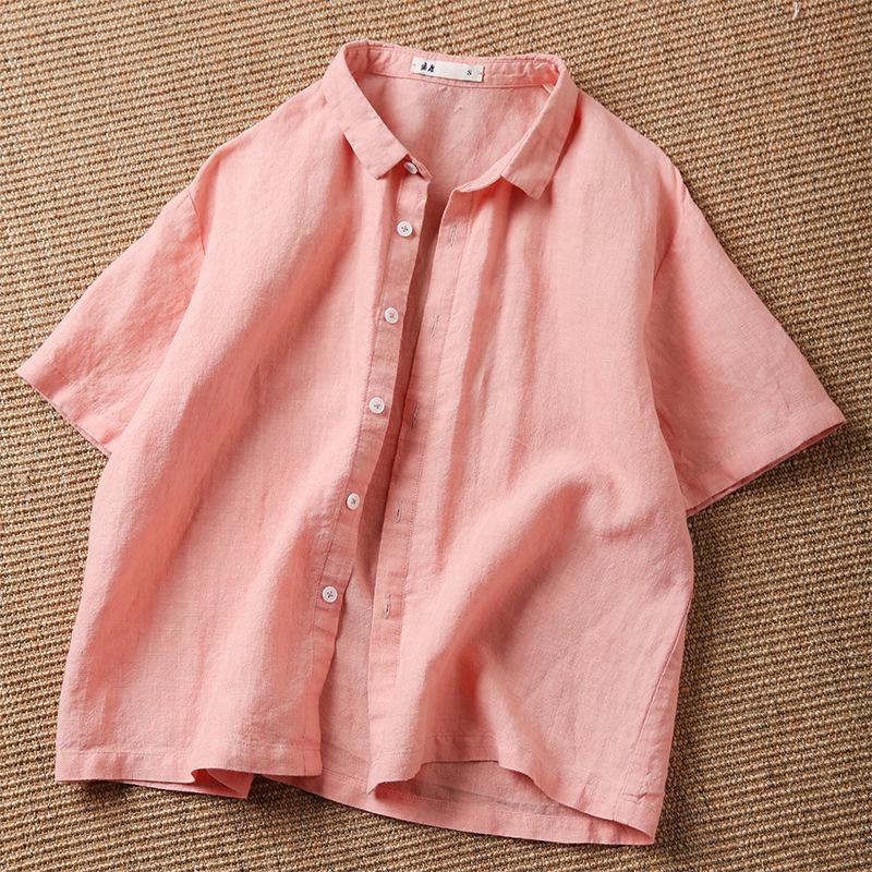 

Women s Retro Linen Short Sleeve Suit Collar Petite Shirt XL світло-рожевий колір
