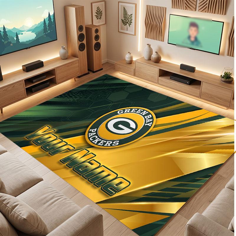 Green Bay Packers Personalized Crystal Velvet Carpet, Customized Name Text Soft Anti‑Slip Rug for Living Room Bedroom