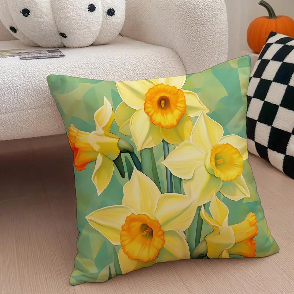 Warm bright yellow Daffodil Narcissus flowers Cushion Cover Throw Pillow Cover Hidden Button Durable Polyester Chair Cushion
