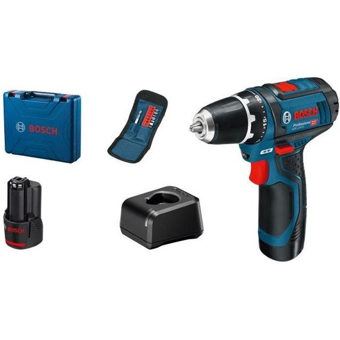 Perceuse-visseuse Bosch Professional GSR 12V-15 + 10 Accessoires + 2 Batteries 2,0Ah + Chargeur GAL 12V-20 - 060186810G