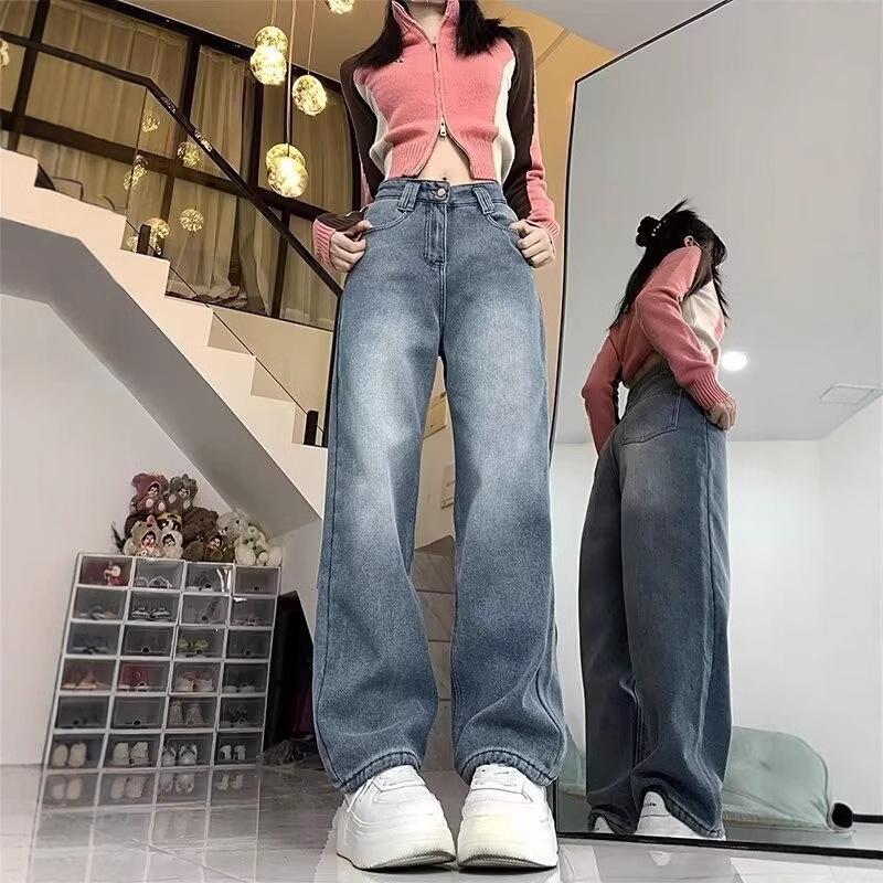 Women's High-Waisted Fleece-Lined Jeans - Winter 2024, Loose Slimming Fit, Plus Size, Straight Wide Leg.