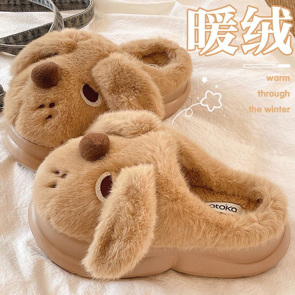 Cute cartoon puppy cotton slippers 2025 new autumn and winter bag head home thick-soled plush cotton shoes with fleece and half drag