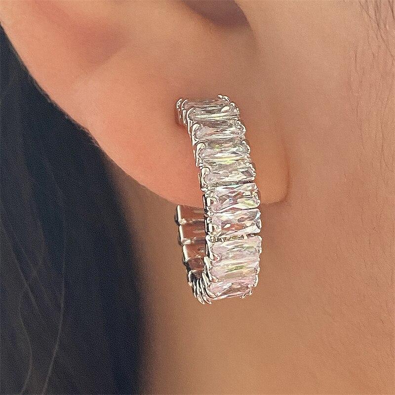 New Geometric Rectangle Zircon Anti Allergy Stud Earrings For Women Fashion Gold Color Circle Shape Party Zircon