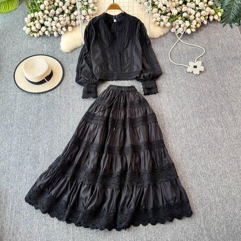 

European and American Socialite Dress Lantern Sleeve Embroider Shirt Women Fancy Cutout Lace Stitching Skirt Suit Black XL
