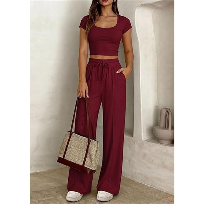 Women's 2-piece Square Neck Short Sleeved Crop Top&high Waist Wide Leg Pants Casual Set