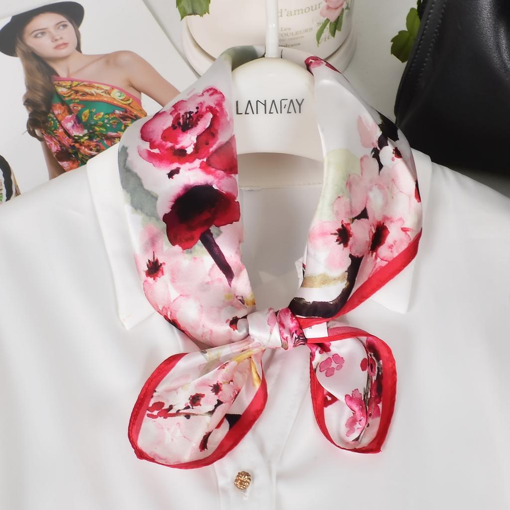 [BYSIFA] Blue Yellow Women Fashion Plaid Pattern 100% Silk Scarf Small Square Scarves Elegant Floral Ladies Hair Accessories