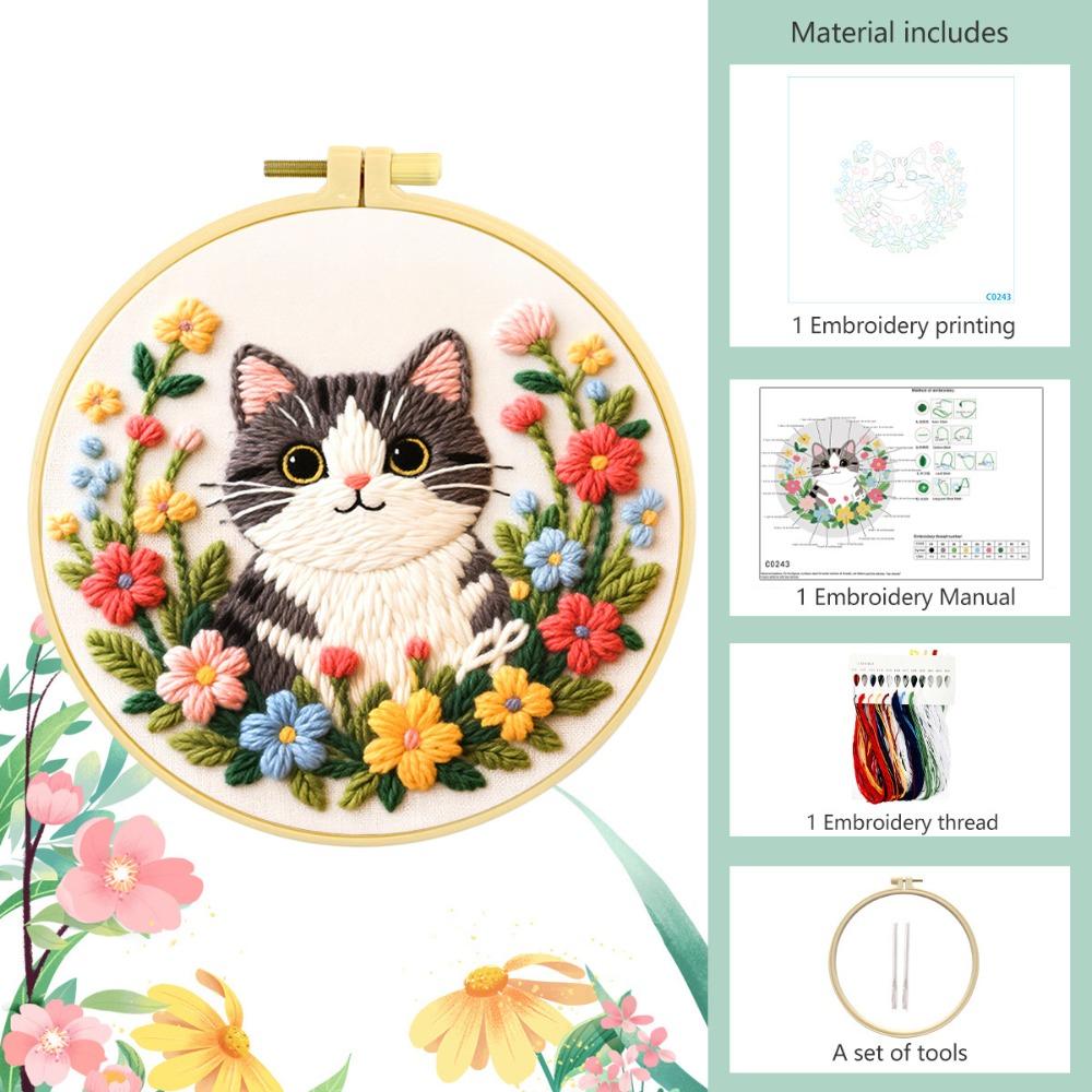Colorful Flower Sewing Kits DIY Needlework Craft Creative Embroidery Kit Home Decoration Cat