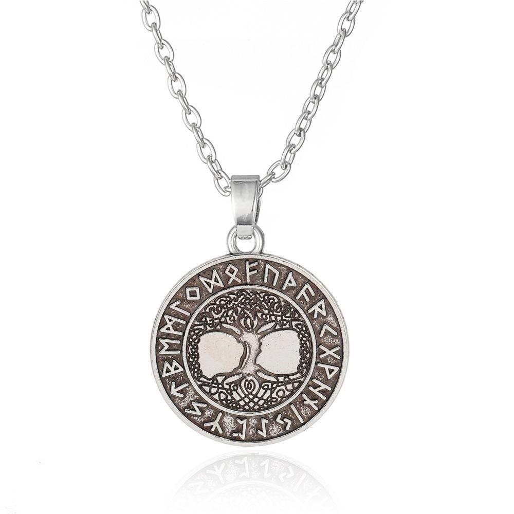 Teamer Wicca Round Necklace Men Norse Viking Runes Tree of Life Seal Pendants Wax Cord Link Chain Men's Necklace Jewelry Gifts
