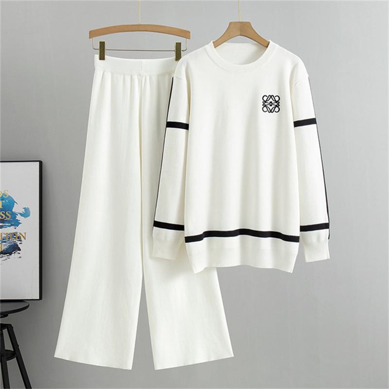 

Женский костюм в модном стиле весна-осень, контрастный вязаный топ, брюки широкого кроя, двойка, костюм-свитер One Size белый