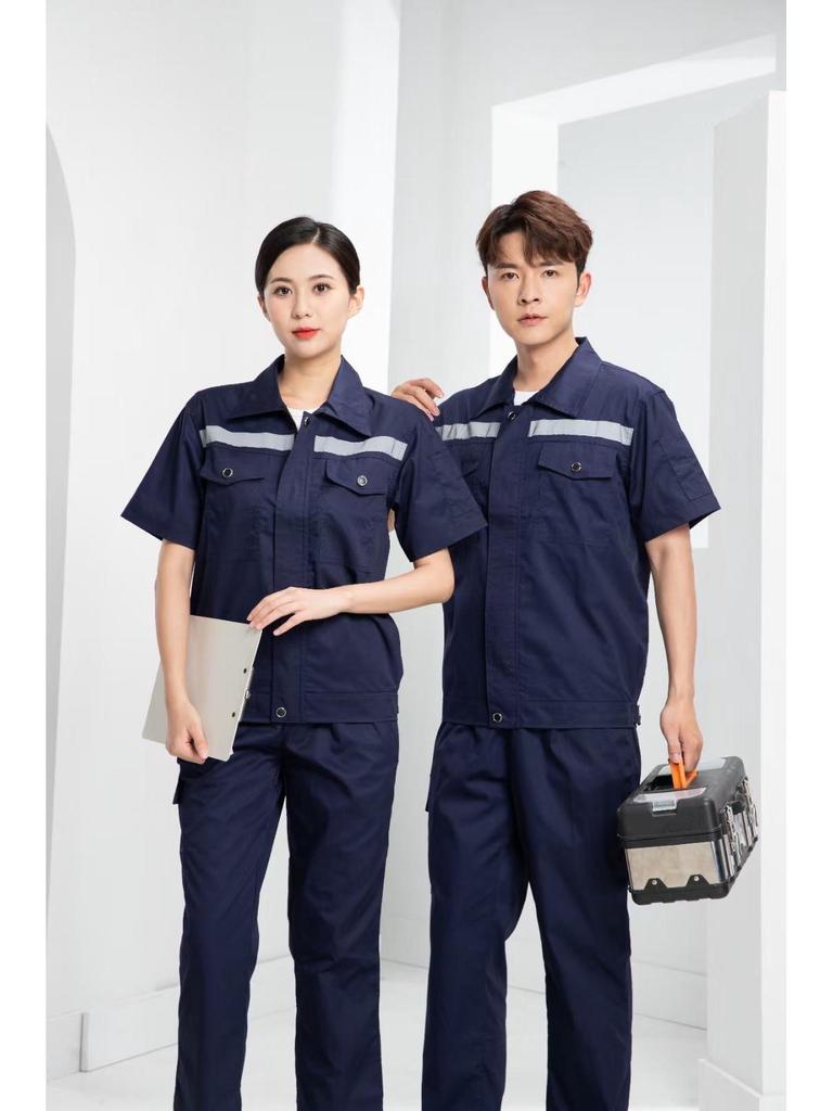 Summer Lightweight Polyester Cotton Reflective Workwear Set - Long Sleeve Protective Clothing for Construction and Workshop Use.