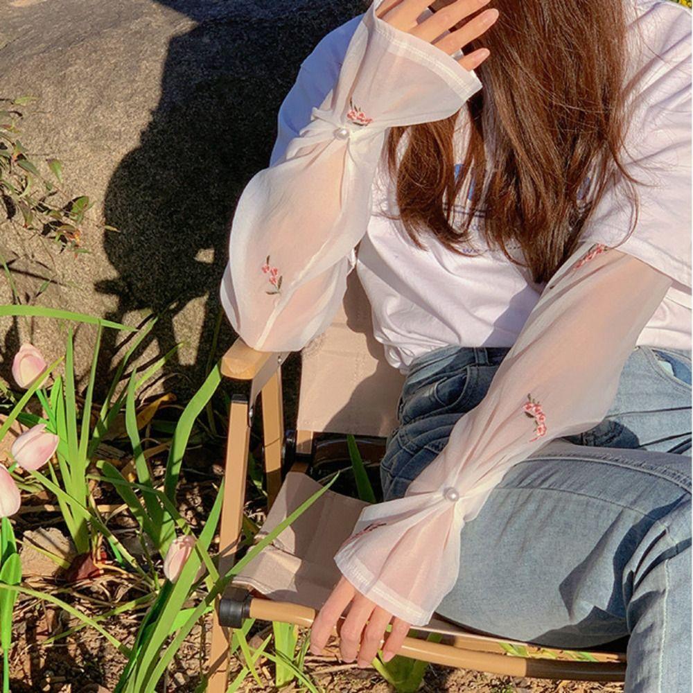 Anti-UV Stickerei Blume Eis Seide Ärmel Perlenverschluss Sonnenschutz Ärmel Atmungsaktiv Outdoor