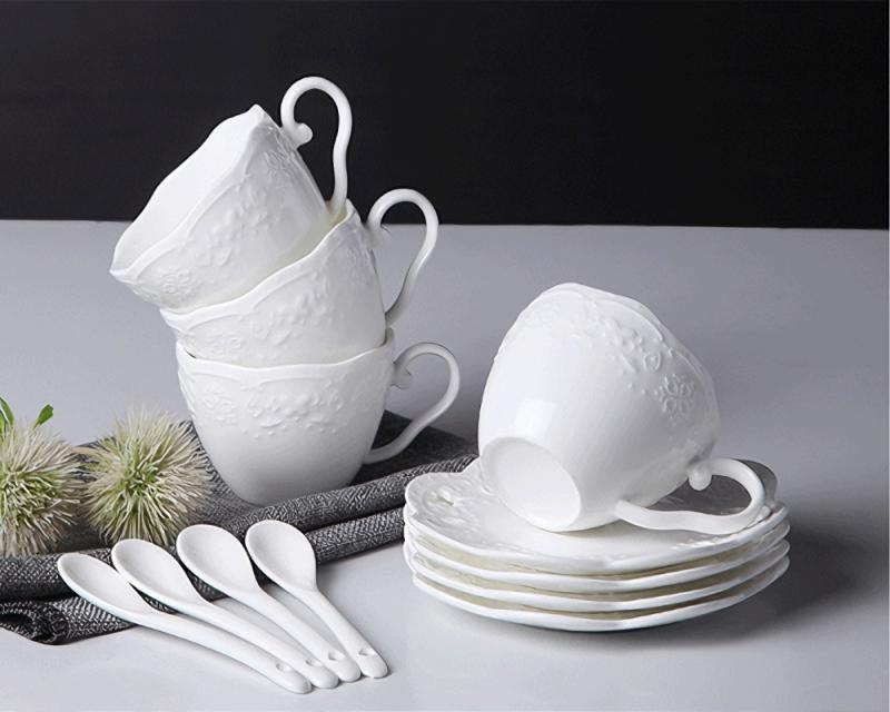 200ML. White Embossed Porcelain Tazas Cafe Cup and Saucer, Ceramic Cappuccino Cup, Vintage Latte Cup, Turkish Tea Cups, Tazze