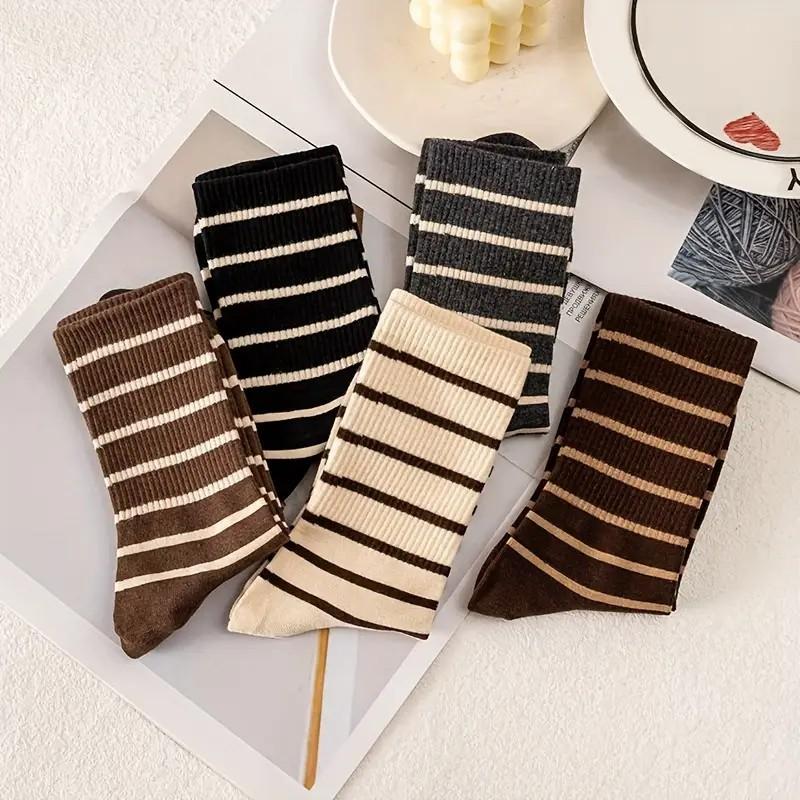 5/10 Pairs Women Mid Length Socks Fashionable Striped Print Soft Comfortable Sweat Absorbing and Breathable Casual Socks