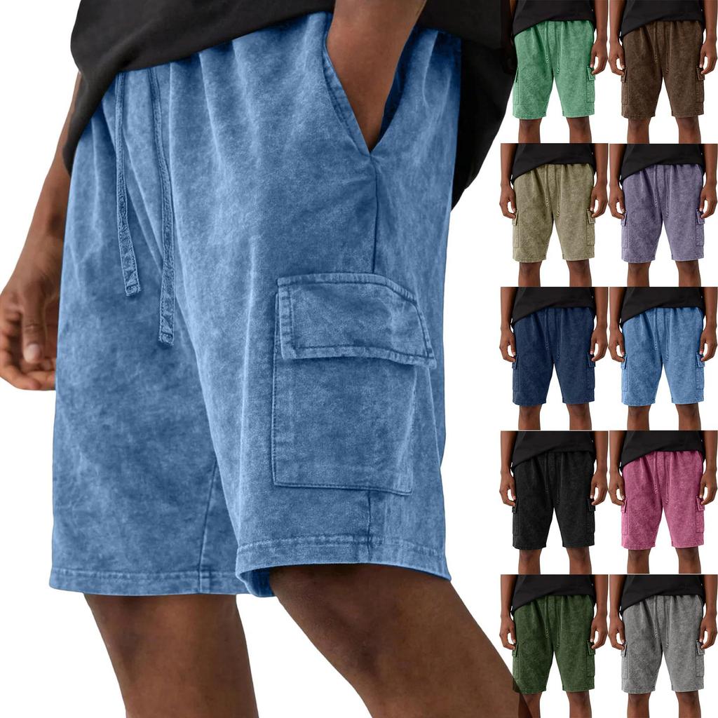 Men's Casual And Fashionable Water-washed Cotton Loose-fitting Shorts - Men's Multi-pocket Workwear Drawstring Shorts