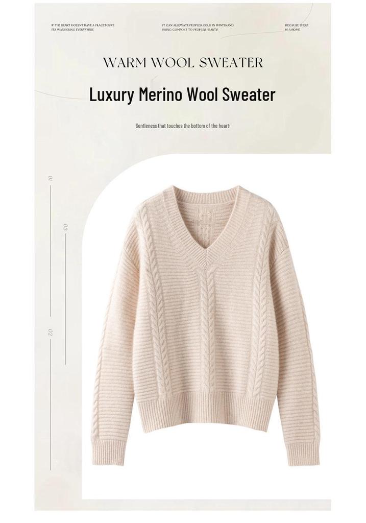 2025 Women's Wool V-neck Cable Knit Long Sleeve Sweater - Loose Fit Cashmere Autumn Winter Top