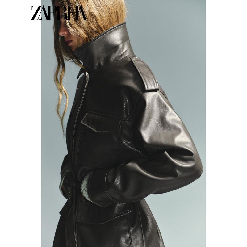 Zaprha 2025 Autumn New Lapel Long Sleeve Strap Pocket Decoration Imitation Leather Jacket All-Match Outerwear 4341766