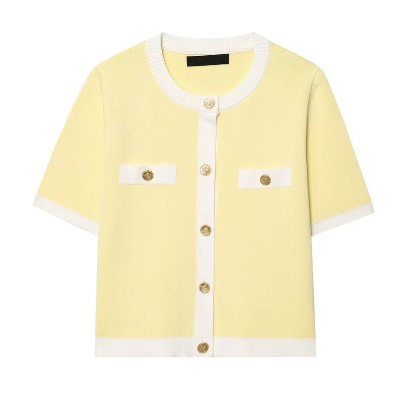 Summer New Women clothes Graceful Simple Golden Breasted Long sleeve round Neck Short Knitted Outerwear 1822006