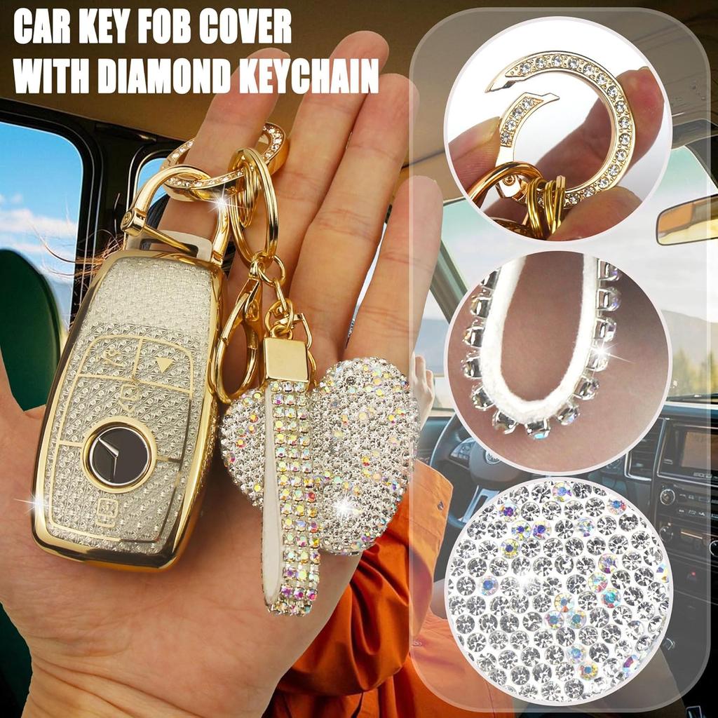 Key Fob Cover with Diamond Keychain for Mercedes Benz Women Car Key Shell Compatible with Benz 2017- E-Class 2018- S-Class - A-Class C-Class G-Class
