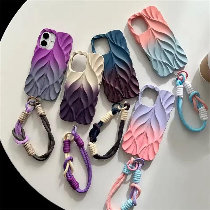 Gradient Pleated Leaf Texture Phone Case with Wrist Strap for iPhone 16 Pro Max 15 14 Plus 13 Shockproof Protectiv Back Cover