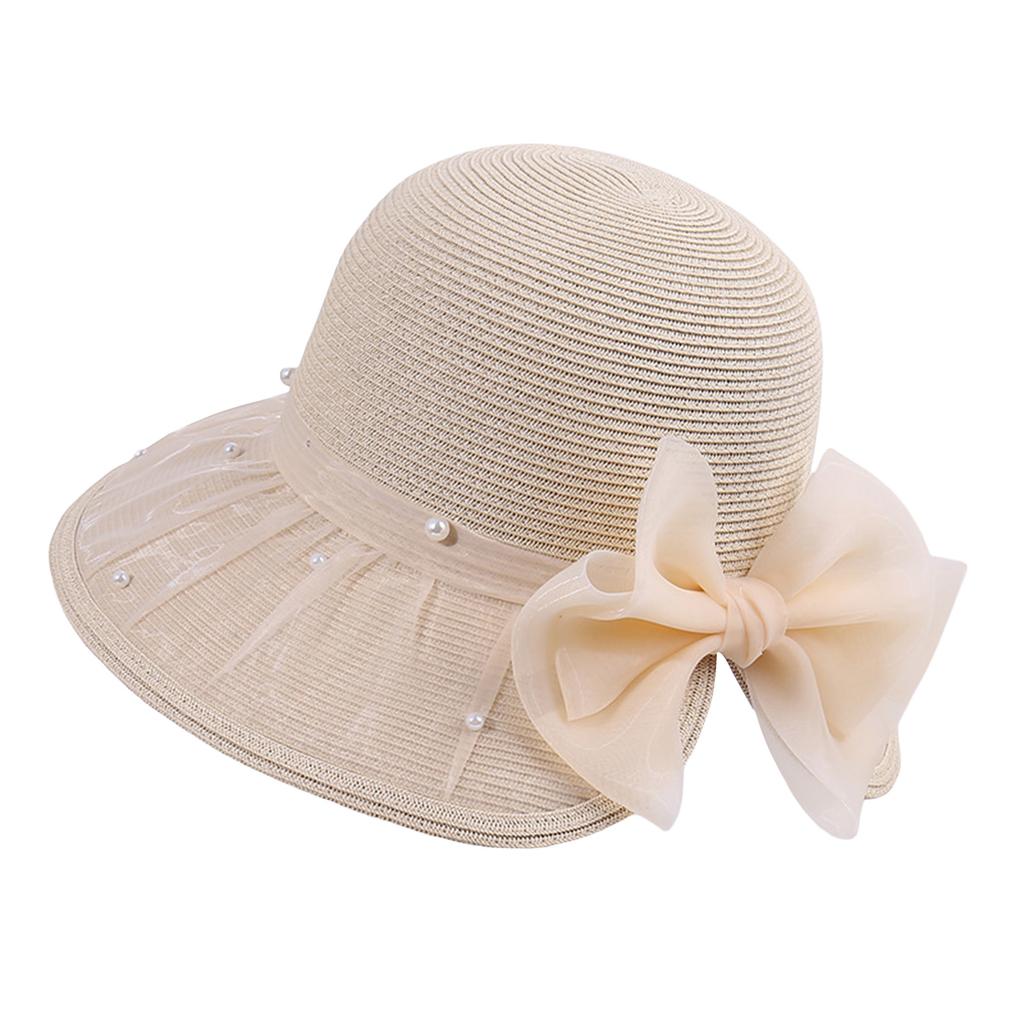 Back Bowknot Straw Sun Hats Women's Fashionable Mesh Pearls Wide Brim Sun Protection Beach Caps for Outdoor Travel Holiday