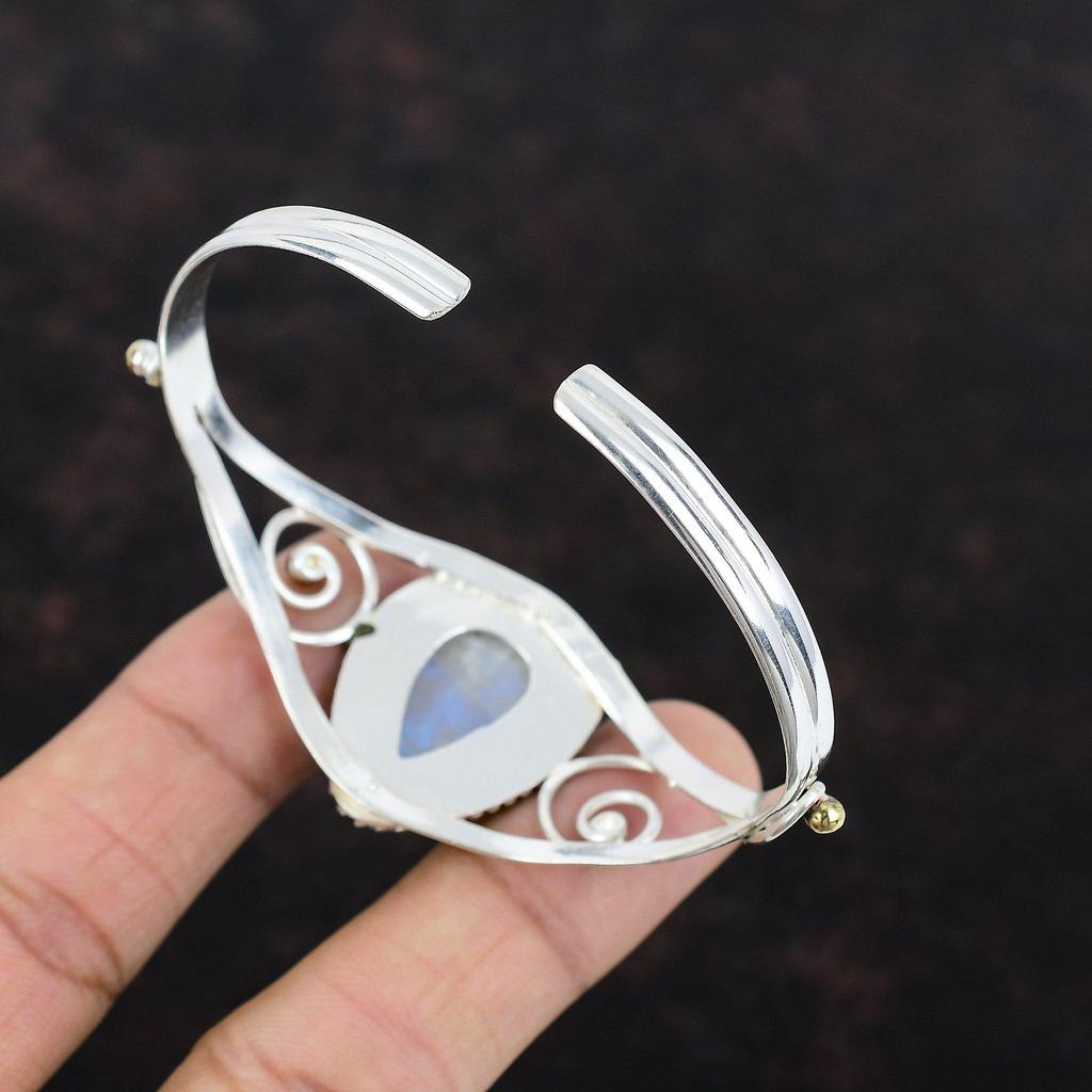 Rainbow Moonstone Bangle Handmade Gemstone Cuff 925 Sterling Silver Bangle Moonstone Jewelry 18K Gold Plated Adjustable Bangle Wedding Gift