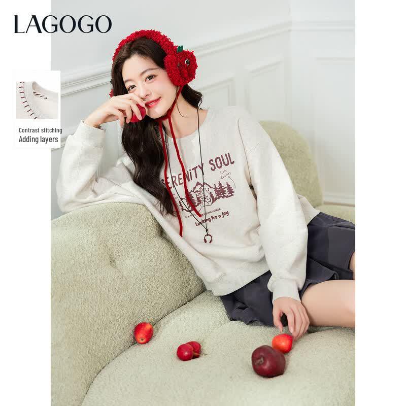 LAGOGO Women s Letter Print Fleece-Lined Sweatshirt XL светло-серый