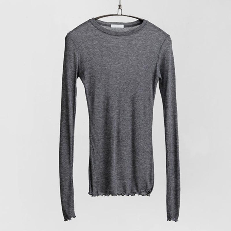 

Однотонная футболка женская эластичная базовая футболка женская повседневная майка с длинным рукавом тонкая футболка просвечивающая one size серый