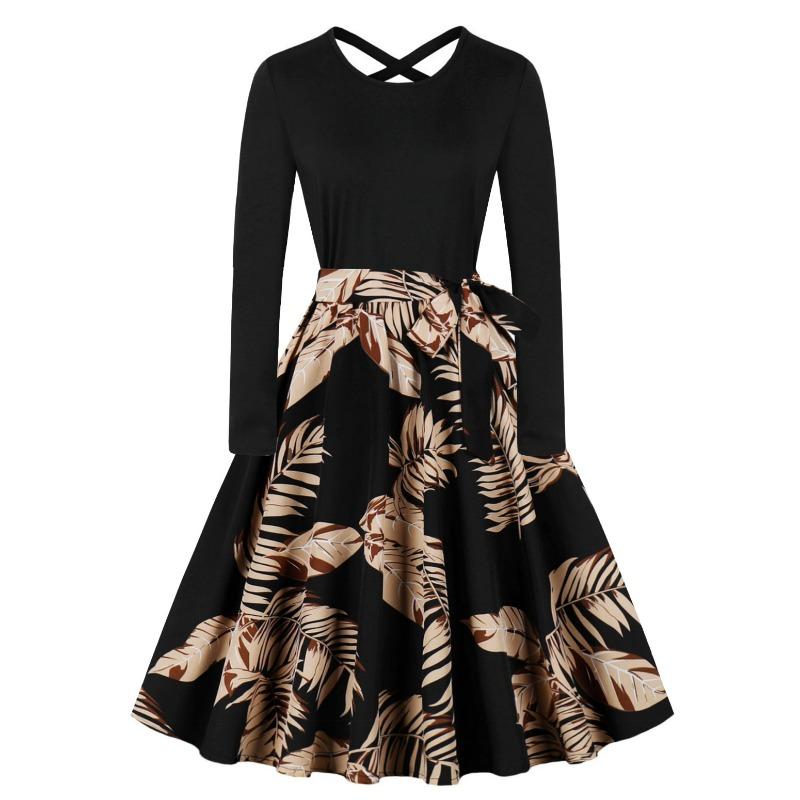 

Осенне-зимняя новая ретро женская одежда круглый вырез длинный рукав черное платье-маятник с принтом XXL