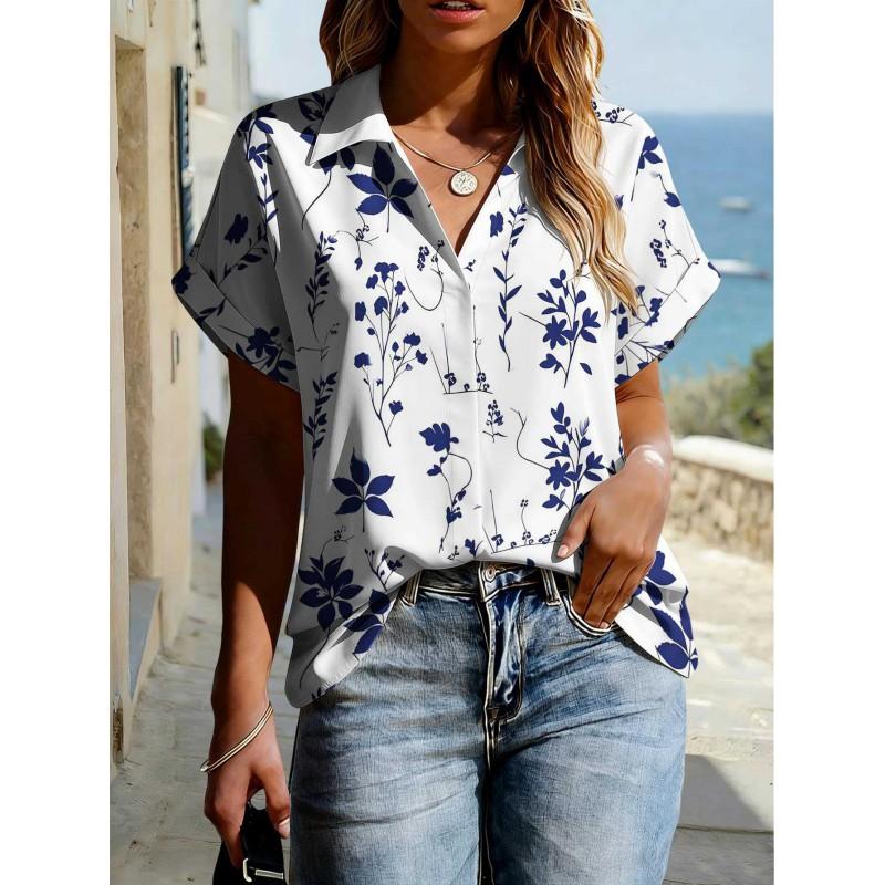 Floral Print Womens Loose Fit Short Sleeve V-Neck Top - Sleeveless Button-Free Casual Shirt Street Style