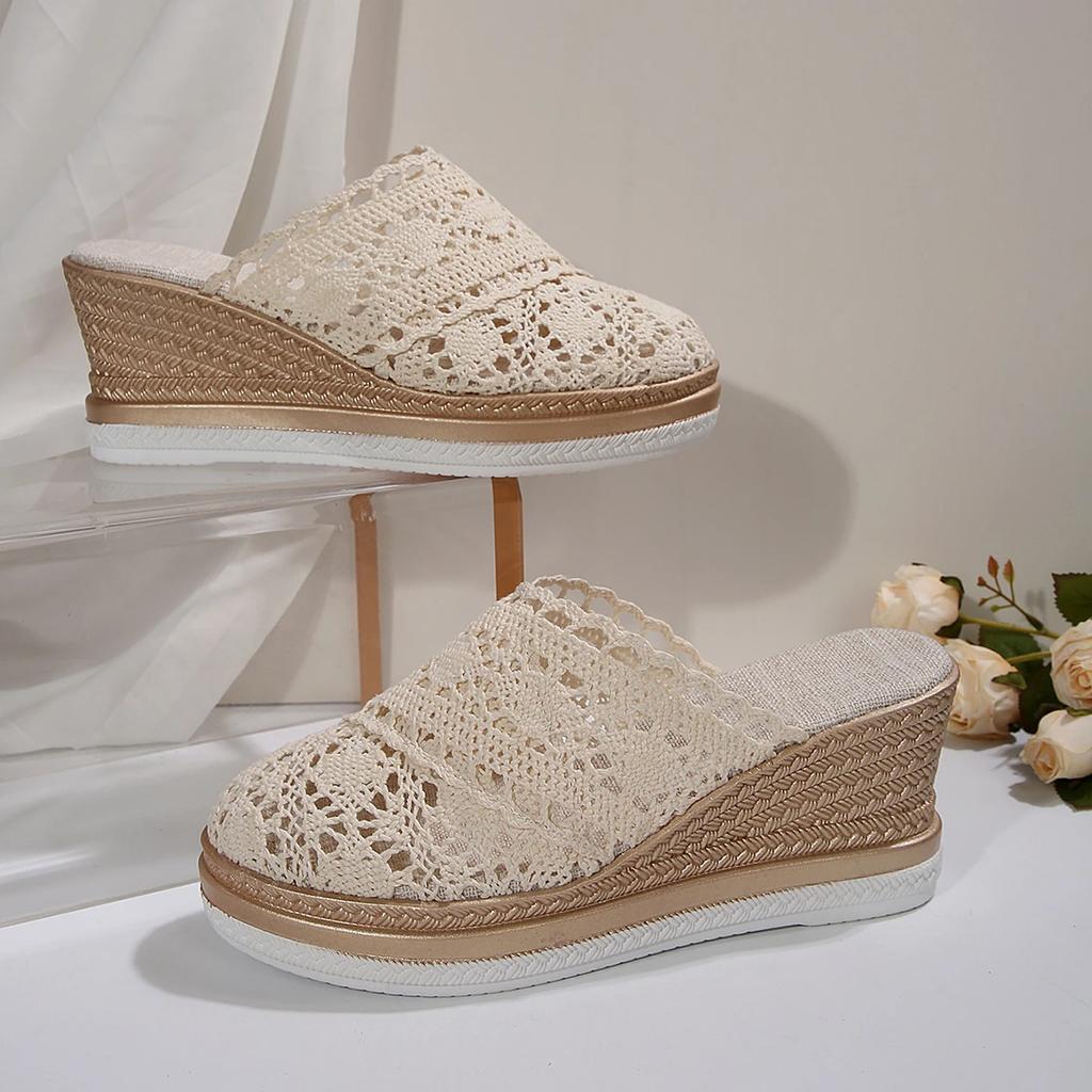 Women Roman Slippers Lace Head Covering Shoes Wedge Heel Woven Ethnic Fairy Slippers Comfortable Breathable Sandals Slides Women