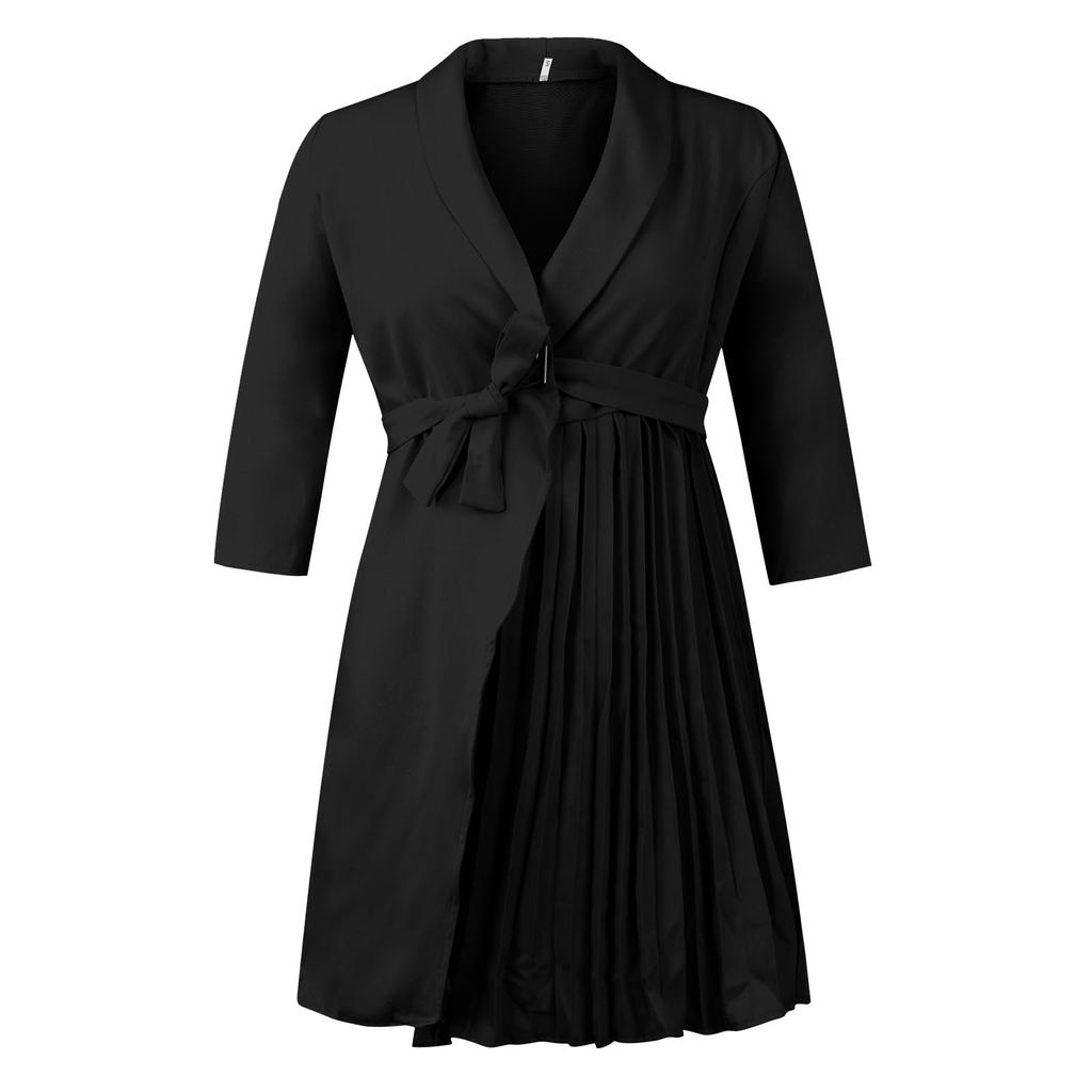 Damenkleid mit V-Ausschnitt, gebundener Taille, 3/4-Ärmeln, plissiert, einfarbig und bedruckt