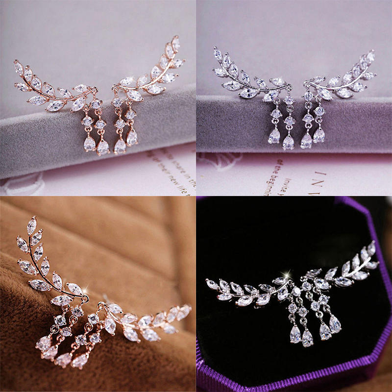 Women Gold Silver  Zircon Leaves Tassel Ear Stud Earrings Jewelry