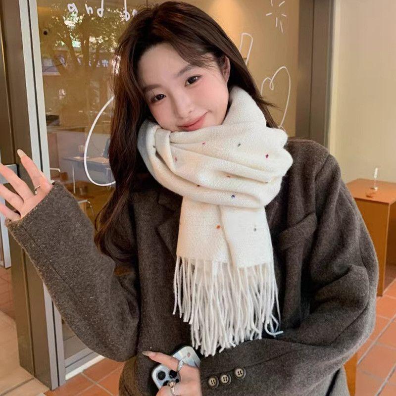 Winter Rainbow Polka Dot Scarf Beige Solid Color Warm Cold-proof Shawl Korean Style Fashion Versatile Neck Warmer