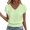 Women Tops V-Neck Short Sleeve Jacquard Decoration Pullover Tops Solid Color Loose Fit Elastic Hem T-shirt
