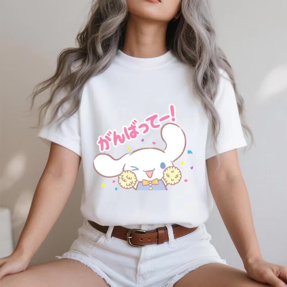 

2026 Summer Cinnamoroll Energetic Cheer Print Casual Cotton T Shirt for Women Soft Comfortable Daily Wear Summer Top S